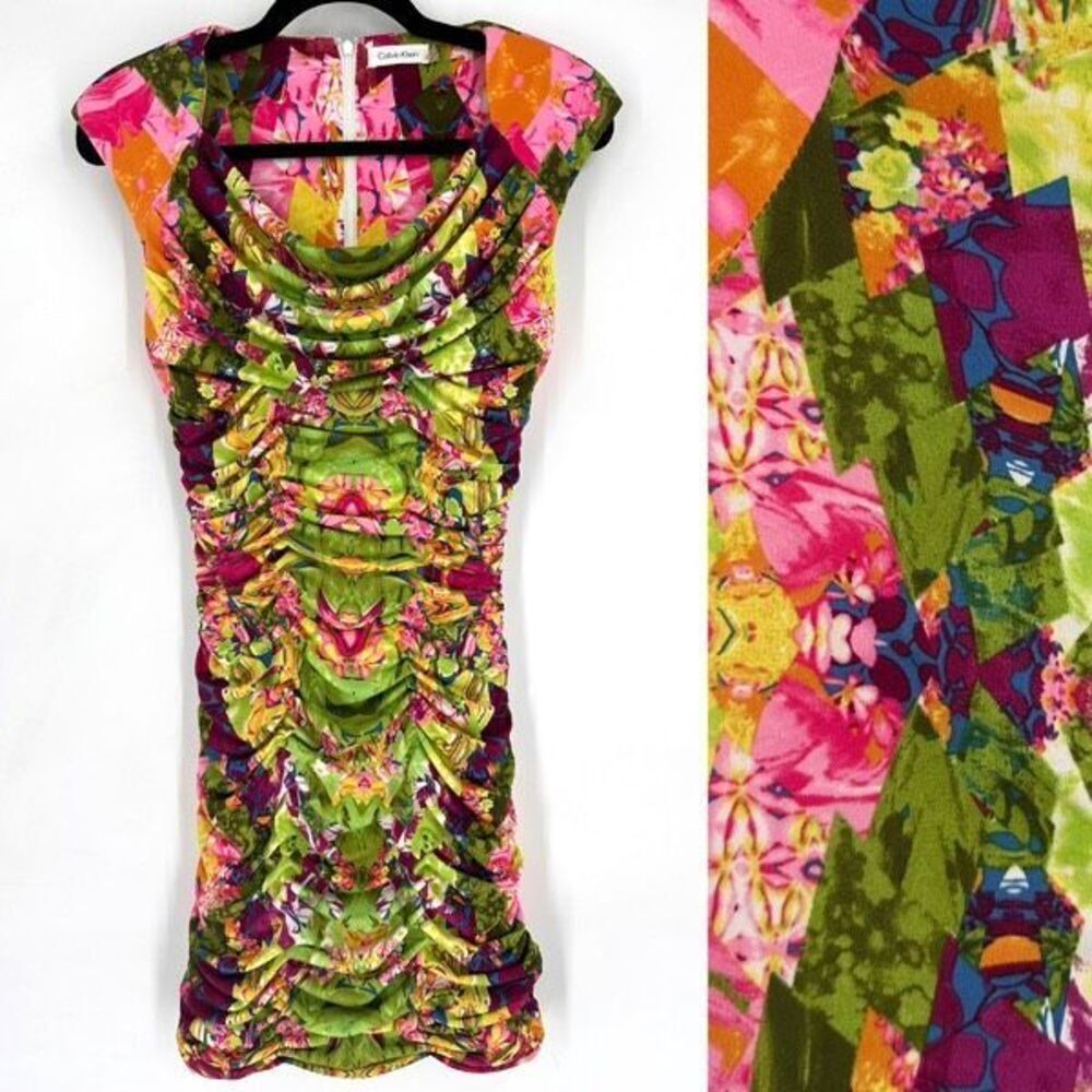 Vintage Calvin Klein Women's Floral Ruched Y2k Bodycon Dress Multicolor Size 2